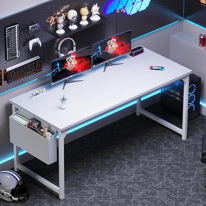 OLIXIS Computer Desk, 63 Inch Home Office Desks for Small Spaces, Writing Craft Study Gaming Table for Bedroom, Modern Computer Workstation with Storage Bag, All White