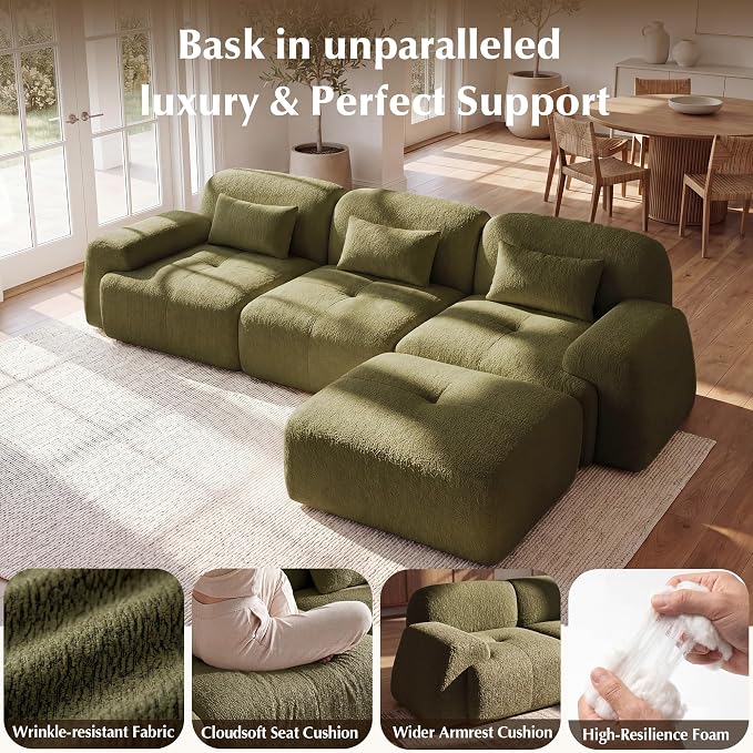 118'' Modular Sectional Cloud Couch Boneless Couches, Oversize Curved Sectional Couches for Living Room, Deep Seat Couch Lambswool Sofa with Ottoman & Throw Pillows, No Assembly, HR Foam