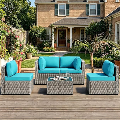 MOCHITO 5 Pieces Outdoor Patio Furniture Sets, All-Weather Sectional Sofa Grey PE Rattan Wicker Conversation Set with Glass Table and Washable Turkish Blue Cushions for Backyard,Sunroom,Garden,Porch