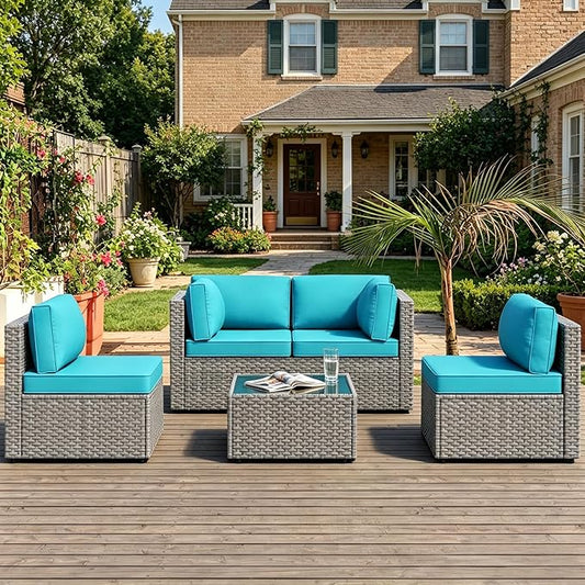 MOCHITO 5 Pieces Outdoor Patio Furniture Sets, All-Weather Sectional Sofa Grey PE Rattan Wicker Conversation Set with Glass Table and Washable Turkish Blue Cushions for Backyard,Sunroom,Garden,Porch