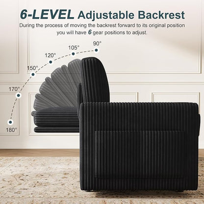 Sleeper Sofa with Pull Out Bed, Plush Corduroy Convertible Sofa Bed with Adjustable Backrest and Cup Holders, Loveseat Sleeper Couches for Living Room, Apartment, Black