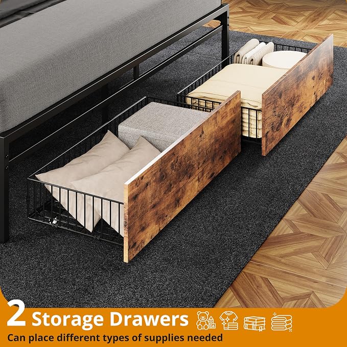 LIKIMIO California King Size Bed Frame with 2 Drawers and Charging Station | Platform Bed with Upholstered Storage Headboard, No Box Spring Needed, Easy Assembly, Sturdy, Vintage Brown and Black