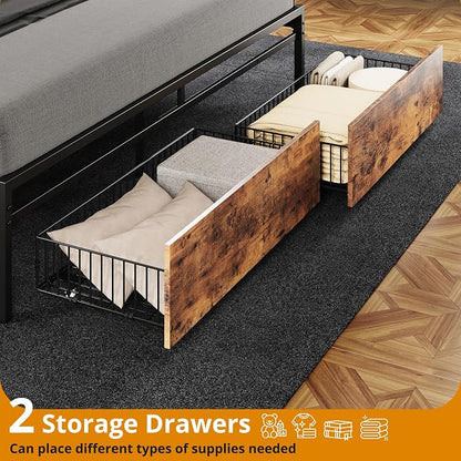 LIKIMIO California King Size Bed Frame with 2 Drawers and Charging Station | Platform Bed with Upholstered Storage Headboard, No Box Spring Needed, Easy Assembly, Sturdy, Vintage Brown and Black