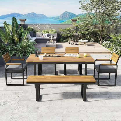 Quarte 6-Piece Outdoor Dining Set with 1 Acacia Wood Table and 4 Chairs & 1 Bench, Adjustable Feet for Patio, Garden, Backyard Family Meals BBQ Parties (Gray-AA)