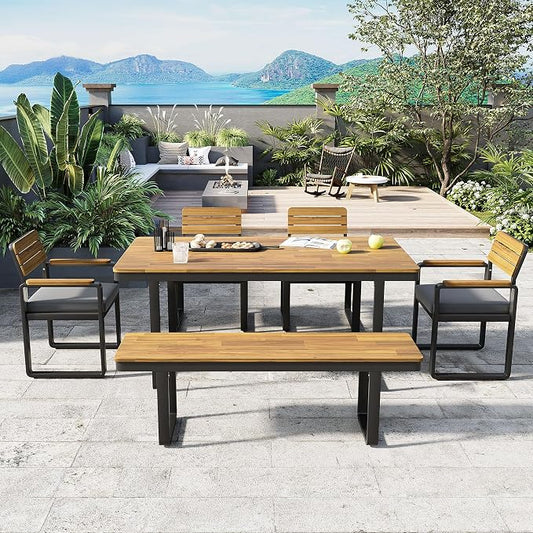 Quarte 6-Piece Outdoor Dining Set with 1 Acacia Wood Table and 4 Chairs & 1 Bench, Adjustable Feet for Patio, Garden, Backyard Family Meals BBQ Parties (Gray-AA)