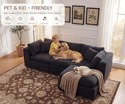 GRUSIGN 110'' Oversized Boneless Cloud Couch for Living Room, Modern Big Sectional Compressed L Shape Couch with Ottoman, Comfy Chenille Deep Seat Memory Foam Spineless 4 Seater Sofa, Black