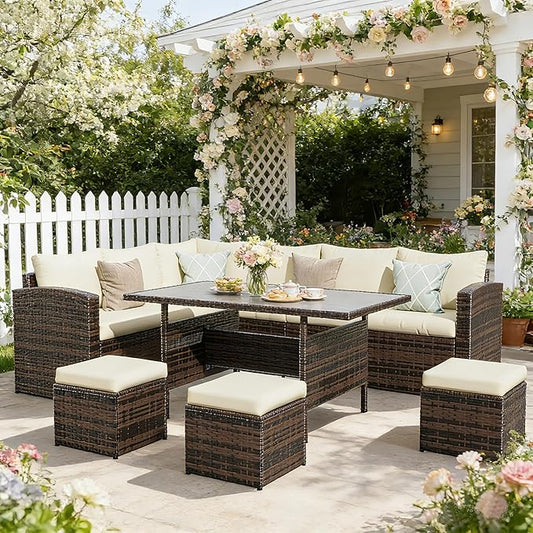Wisteria Lane 7 Piece Patio Furniture Set, Wicker Patio Sectional with Wide Armrest, All Weather Outdoor Dining Set, Outdoor Furniture Patio Conversation Set with Ottoman, Beige