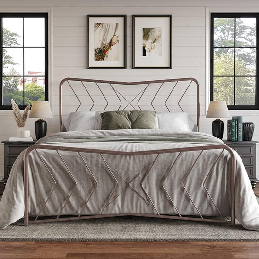 HOME DESIGN Fargo Queen Size Metal Bed Frame, Minimalist Headboard and Footboard Design, Sturdy Metal Construction, Easy Assembly, Transitional, Pink