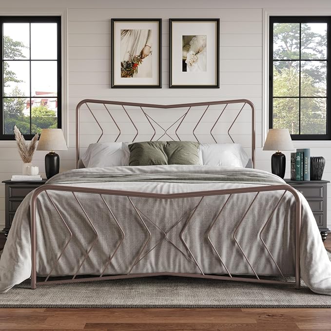 HOME DESIGN Fargo Twin Metal Bed Frame, Minimalist Headboard and Footboard Design, Sturdy Metal Construction, Easy Assembly, Transitional, Pink