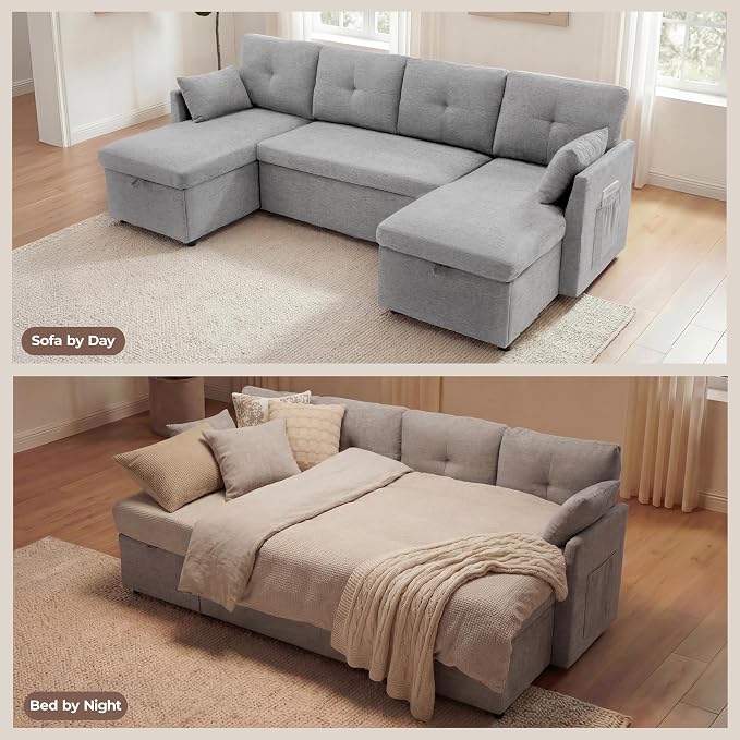 Huatean Home Oversized Sleeper Sofa Couch, 100 inch 2 in 1 Pullout Couch Bed with Side Pockets for Living Room, Sectional Sleeper Sofa Bed with Double Storage Chaise, LightGrey