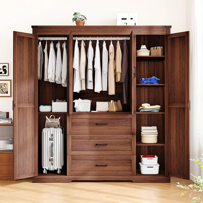 Farmhouse Wooden Armoire Storage Cabinet with Adjustable Shelves & Hanging Rod, 4 Doors Wardrobe Armoire Closet with Drawers,70" Freestanding Clothing Storage Cabinet for Bedroom (4 door, Brown-1)