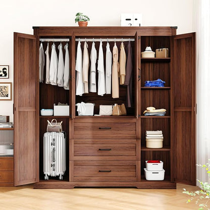 Farmhouse Wooden Armoire Storage Cabinet with Adjustable Shelves & Hanging Rod, 4 Doors Wardrobe Armoire Closet with Drawers,70" Freestanding Clothing Storage Cabinet for Bedroom (4 door, Brown-1)