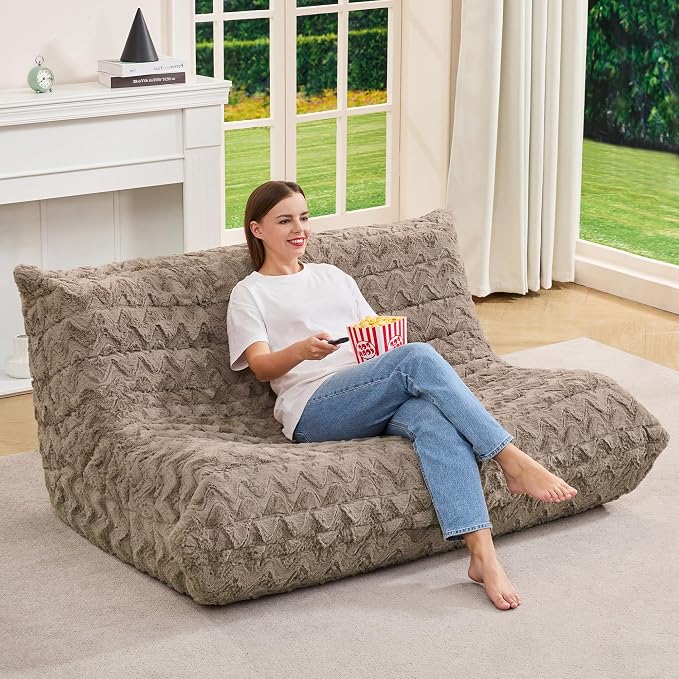 Hobestluk Large Bean Bag Chair Faux Fur BeanBag Couch for Living Room | Brown Chevron, Loveseat,Ergonomic Design,Memory Foam,Anti-slip Bottom,No Assembly Required,Decorative Style for Living Room
