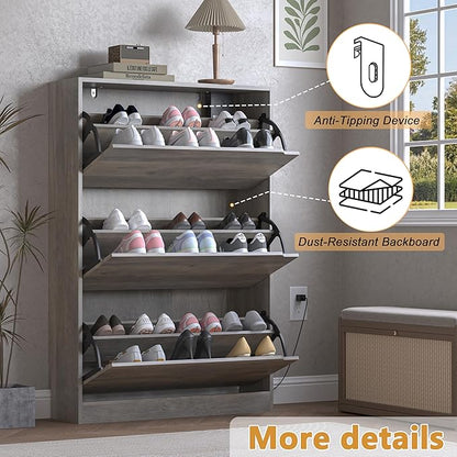 BORNOON Shoe Cabinet with Odor Control and Back Panels, Deodorizing Slim 3-Flip Shoe Storage Cabinet for Entryway, Freestanding Hidden Shoe Rack Organizer for Entrance, Hallway, Bedroom