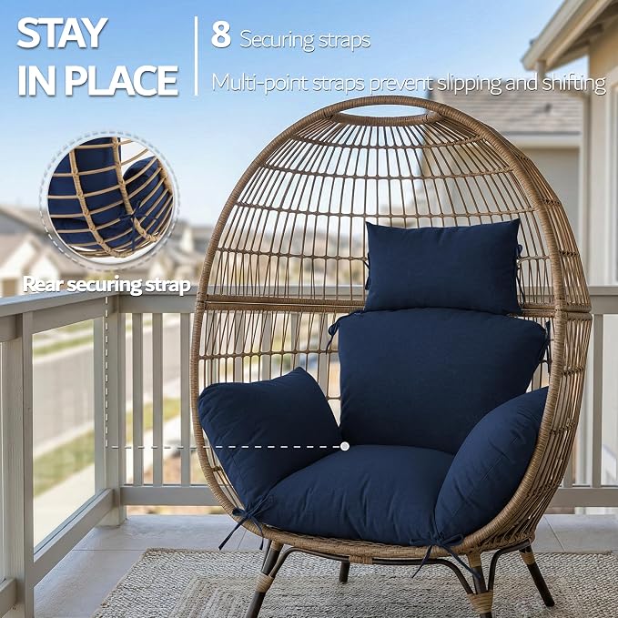 Egg Chair Cushion with 8 Securing Straps, Water-Repellent & Fade-Resistant Faux Linen, Removable Cover, Replacement Cushion for Most Single Outdoor Hanging Swing Egg Chairs – Navy