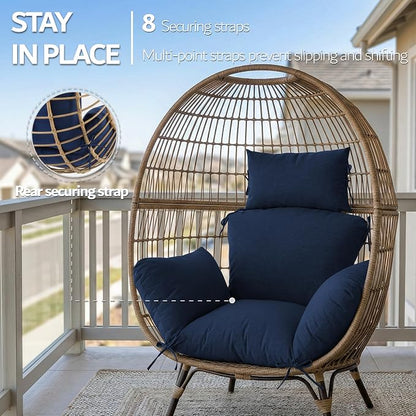 Egg Chair Cushion with 8 Securing Straps, Water-Repellent & Fade-Resistant Faux Linen, Removable Cover, Replacement Cushion for Most Single Outdoor Hanging Swing Egg Chairs – Navy