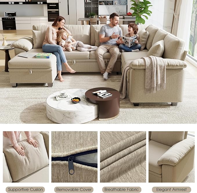 107.8" Modular Sectional Sleeper Sofa with Pull Out Bed, U Shaped 7 Seat Couch with 221L Storage, Convertible Cloud Couch Bed with Ottoman, Sectional Couches for Living Room, Apartment (Sand)