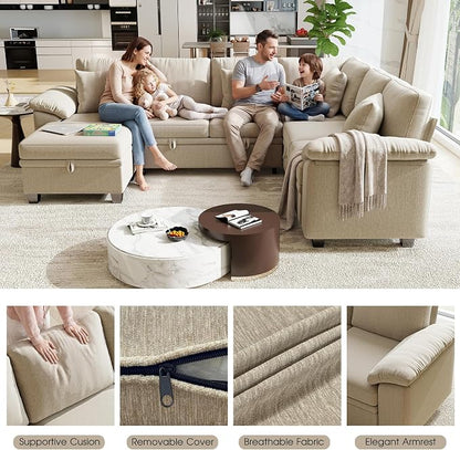 107.8" Modular Sectional Sleeper Sofa with Pull Out Bed, U Shaped 7 Seat Couch with 221L Storage, Convertible Cloud Couch Bed with Ottoman, Sectional Couches for Living Room, Apartment (Sand)