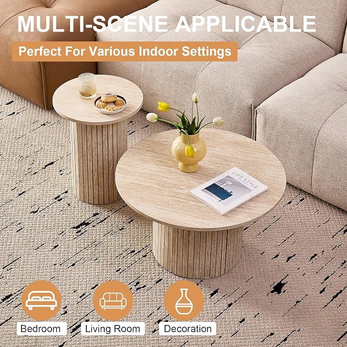 Round Nesting Coffee Tables for Living Room, Set of 2, Beige | φ27.6 + φ15.8 Boho Small Circle Side Tables, Fluted Drum Design Easy Assembly Minimalist Modern End Table Non-Slip Feet