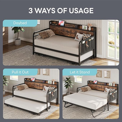 LIKIMIO Twin Daybed, Daybeds with Pop Up Trundle, Storage Headboard with Charging Station, Strong Supports for Apartment and Other Small Space, Industrial Brown
