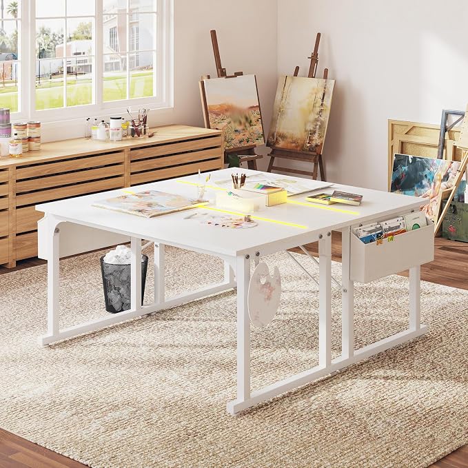 DurayLoly 48 Inch Computer Desk with LED Lights for Home Office,Bedroom Study Desk for Teens, Sturdy Metal Frame,Headphone Hook & Storage Bag,Small Space Design,White