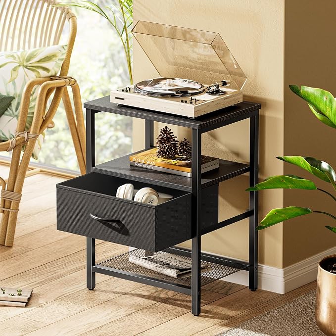 Huuger Nightstand Set of 2, Night Stand with Fabric Drawer, Mesh Shelf, Side Table with Storage, Fabric Drawer Dresser, Open Shelf, Metal Frame, Bedroom, Black