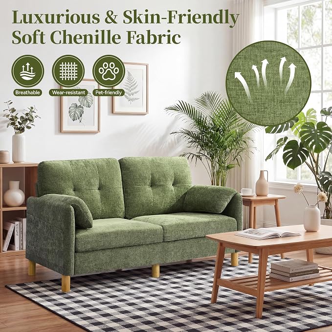 65" Loveseat Sofa, Mid Century Loveseat Couch for Living Room with Storage Pockets, Upholstered Small Loveseat for Small Spaces, Bedroom, Home Office, Apartments, Small Sofa Chenille Green