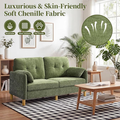 65" Loveseat Sofa, Mid Century Loveseat Couch for Living Room with Storage Pockets, Upholstered Small Loveseat for Small Spaces, Bedroom, Home Office, Apartments, Small Sofa Chenille Green