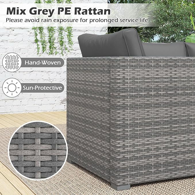 Tangkula 3 Seat Outdoor Wicker Sofa Set, Modular PE Rattan Patio Cushioned Sectional Couch Set, Outside Furniture Set for Deck, Backyard, Porch, Garden & Poolside (Grey)
