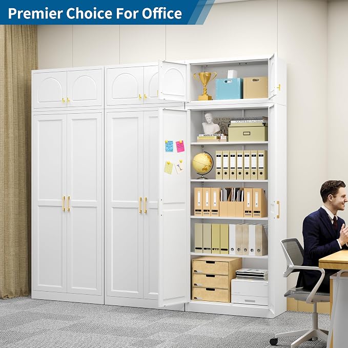 86" Tall Metal Kitchen Pantry Storage Cabinet with Doors | Extra Large Heavy Duty Steel Cabinet, 4 Adjustable Shelves, Easy-Access Gold Handles, White, 2 Packages, Home Office Pantry