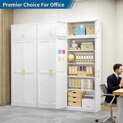86" Tall Metal Kitchen Pantry Storage Cabinet with Doors | Extra Large Heavy Duty Steel Cabinet, 4 Adjustable Shelves, Easy-Access Gold Handles, White, 2 Packages, Home Office Pantry