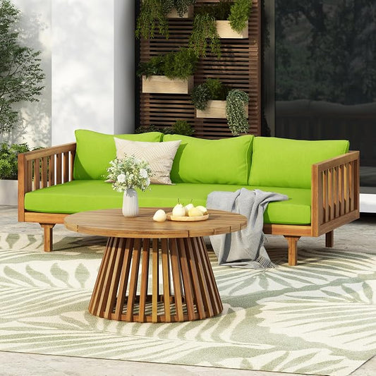 Merax Outdoor Acacia Wood Conversation Set, 3-Seat Loveseat Sofa w/Coushion and Round Coffee Table for Backyard, Patio Furniture,Teak+Green