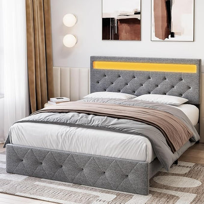 IDEALHOUSE Full Size Bed Frame, LED Bed Frame with Fast-Charging USB Port, Upholstered Platform Bed Frame with Adjustable Headboard, Strong Support Slats, Noise Free, Easy Assembly, Gray