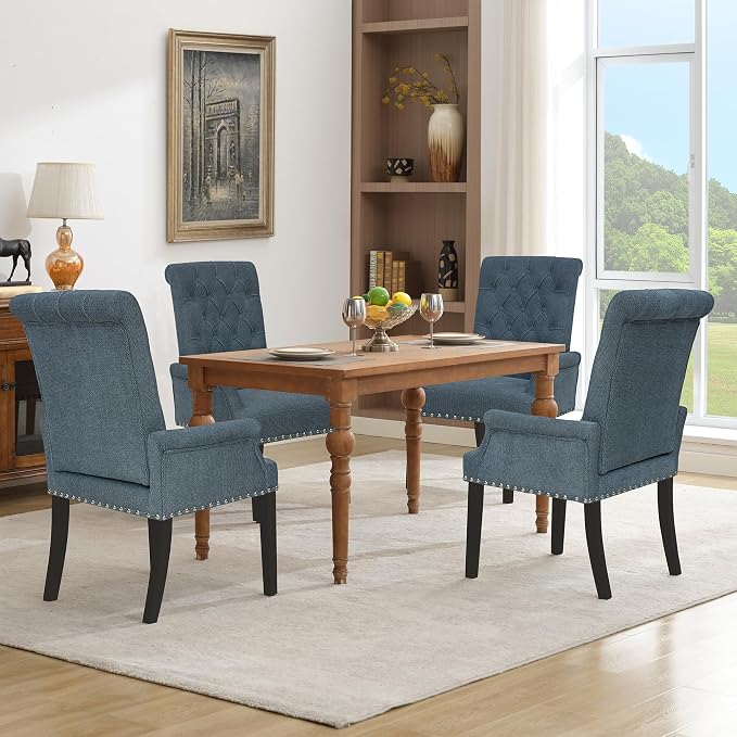 adochr Upholstered Fabric Accent Dining Chair, Arm Dining Chair with Elegant Tufted Club for Dining Room Kitchen Room, Dark Blue