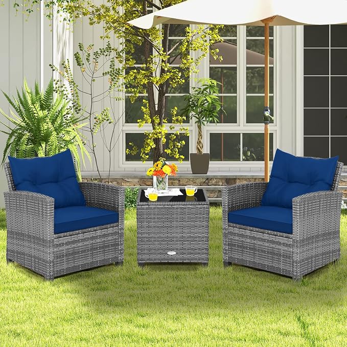 COSTWAY 3-Piece Patio Furniture Set, Outdoor Wicker Rattan Sofa with Cushions, Coffee Table with Tempered Glass, Conversation Sofa Set for Poolside Backyard Balcony (Navy)