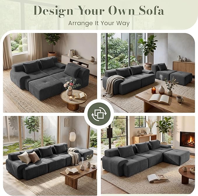 GRUSIGN 118'' Modular Sectional Oversized Boneless Couch, Tufted Cloud Sectional Couches for Living Room, L Shape Deep Seat Sofa with Ottoman & 3 Throw Pillows,Corduroy Couch,Dark Grey