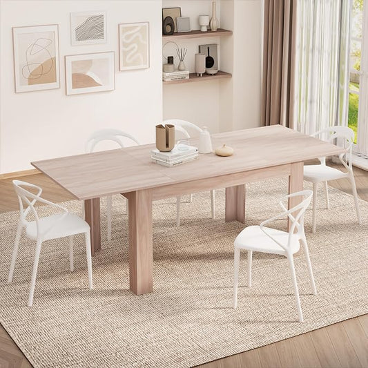 Mobili Fiver, Easy, Extendable Dining Table, 55.1(86.6) x35.4 in, Pearled Elm, for 6-8 People, Expandable Dining Table for Kitchen, Italian Furniture