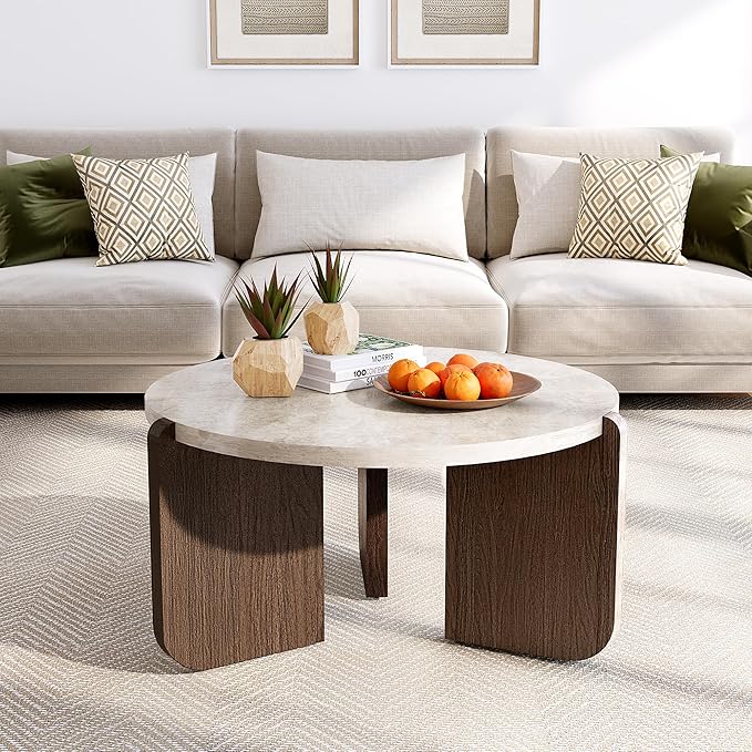 SUNBURY Modern Round Coffee Table with Sturdy Base, Wood Center Tables for Living Room Reception Room, Faux Marble Tabletop, Easy Assembly (Only One Coffee Table Included)