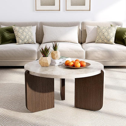 SUNBURY Modern Round Coffee Table with Sturdy Base, Wood Center Tables for Living Room Reception Room, Faux Marble Tabletop, Easy Assembly (Only One Coffee Table Included)