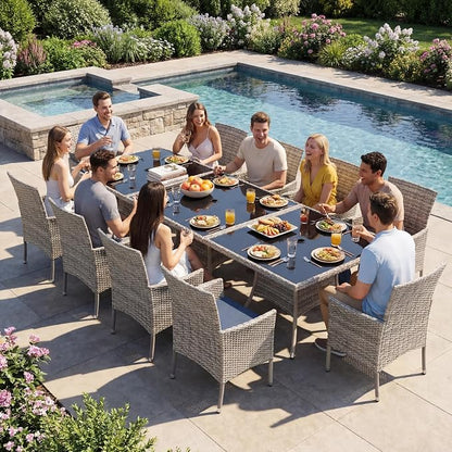 15-Piece Patio Dining Set, Patio Furniture Set with Square Tempered Glass Table & 12 Wicker Chairs, Expandable Design for Larger Groups, Outdoor Furniture for Backyard, Deck, Garden, Navy Blue