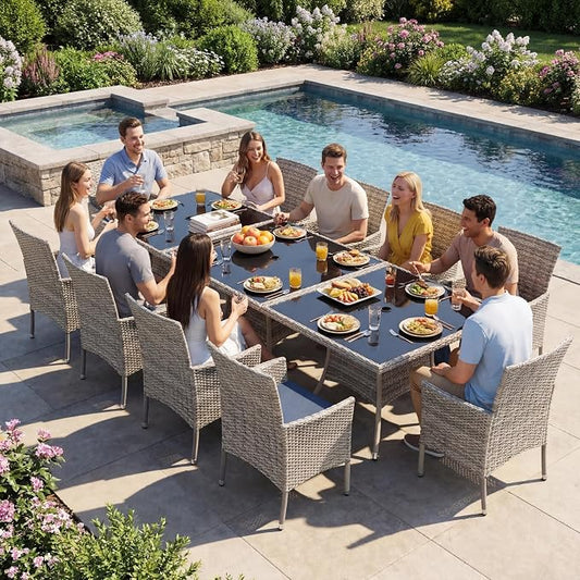 15-Piece Patio Dining Set, Patio Furniture Set with Square Tempered Glass Table & 12 Wicker Chairs, Expandable Design for Larger Groups, Outdoor Furniture for Backyard, Deck, Garden, Navy Blue