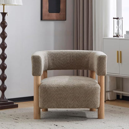 Christopher Knight Home Carly Low Profile Accent Chair, Round Backrest Side Chair, Living Room Armchair with Boucle Fabric Cushion,Comfy Reading Chair for Bedroom,Wooden Single Lounge Sofa,Light Camel