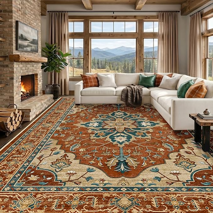 RELEANY Area Rugs Large 10'x12' Washable Non-Slip, Floral Vintage Distress Medallion Carpet for Living Room Bedroom Dining Room, Red Orange Blue Brown