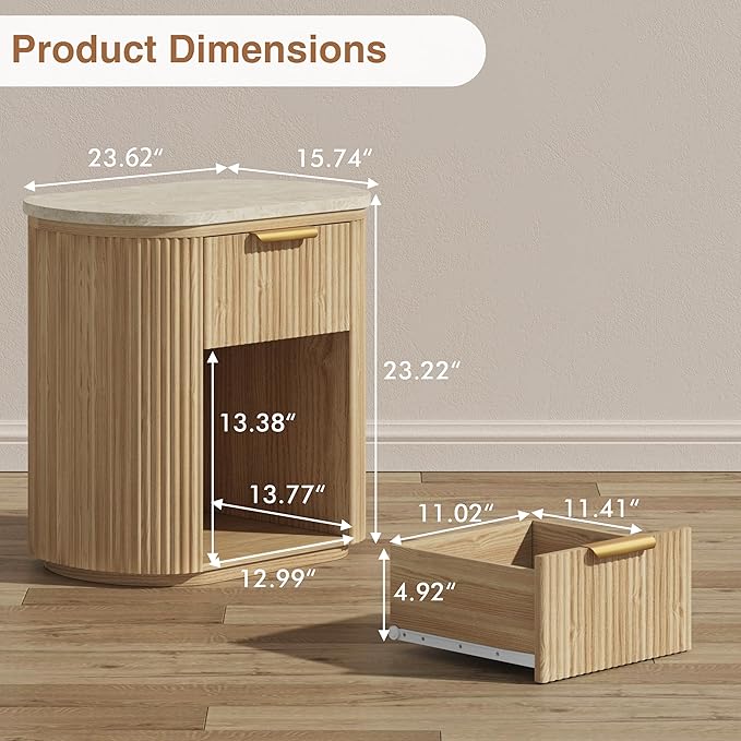 Fluted Marble Nightstand Set of 2, 23.6" Large Bedside Side Table with Drawer, Wood End Table with Storage, Curved Round Corner, Furniture Bedroom Sofa, Mid Century Modern,Oak, Marble