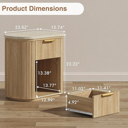 Fluted Marble Nightstand Set of 2, 23.6" Large Bedside Side Table with Drawer, Wood End Table with Storage, Curved Round Corner, Furniture Bedroom Sofa, Mid Century Modern,Oak, Marble