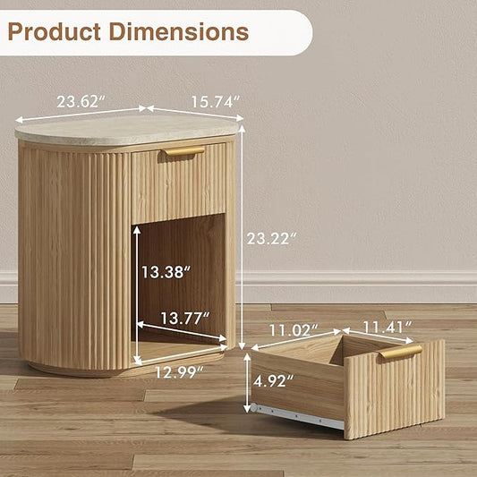 Fluted Marble Nightstand Set of 2, 23.6" Large Bedside Side Table with Drawer, Wood End Table with Storage, Curved Round Corner, Furniture Bedroom Sofa, Mid Century Modern,Oak, Marble