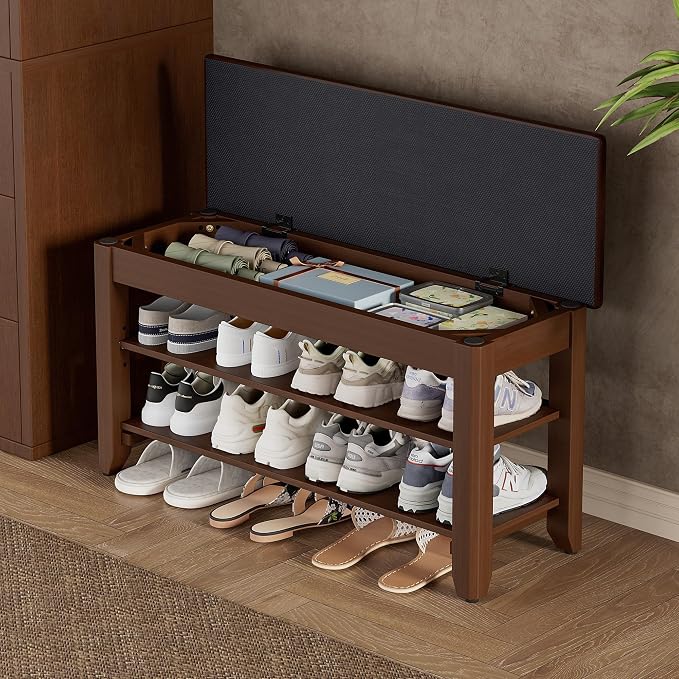 Homleke 2-Tier Solid Wood Shoe Rack Bench with Flip-Top Storage | Entryway Bench with Cushion, Adjustable Shelf, Holds Up to 8 Pairs, for Hallway, Bedroom and Closet, Walnut, 31.5 Inch