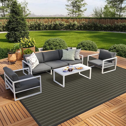GENIMO Outdoor Rug for Patio Clearance, 10'x14' Reversible Plastic Straw Rugs, Lightweight Waterproof RV Camping Mat for Camper, Balcony, Deck, Backyard, Picnic, Black & Brown