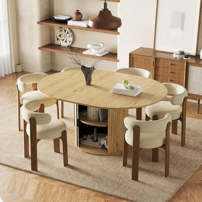 47''-63'' Extendable Round Dining Table for 4-6, Round Dining Room Table with Hidden Storage, Modern Wooden Kitchen Table with Fluted Sliding Door Cabinet for Dining Room Kitchen, Nature