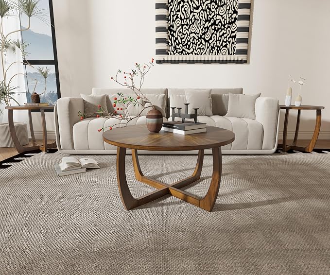Round Wood Coffee Table, Solid Hardwood Coffee Tables for Living Room, Mid-Century Modern Coffee-Table with Criss-Cross Legs, 33.5" D x 17.7" H, Designed Home Furniture, Easy Assembly, Center Table